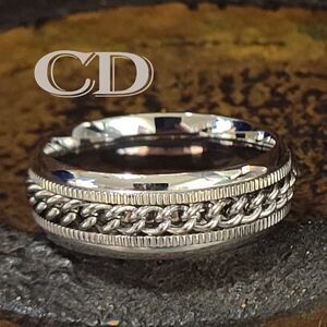Men's Chain Spinner Wedding Ring Band - Anxiety Ring For Guys - Fidget Ring
